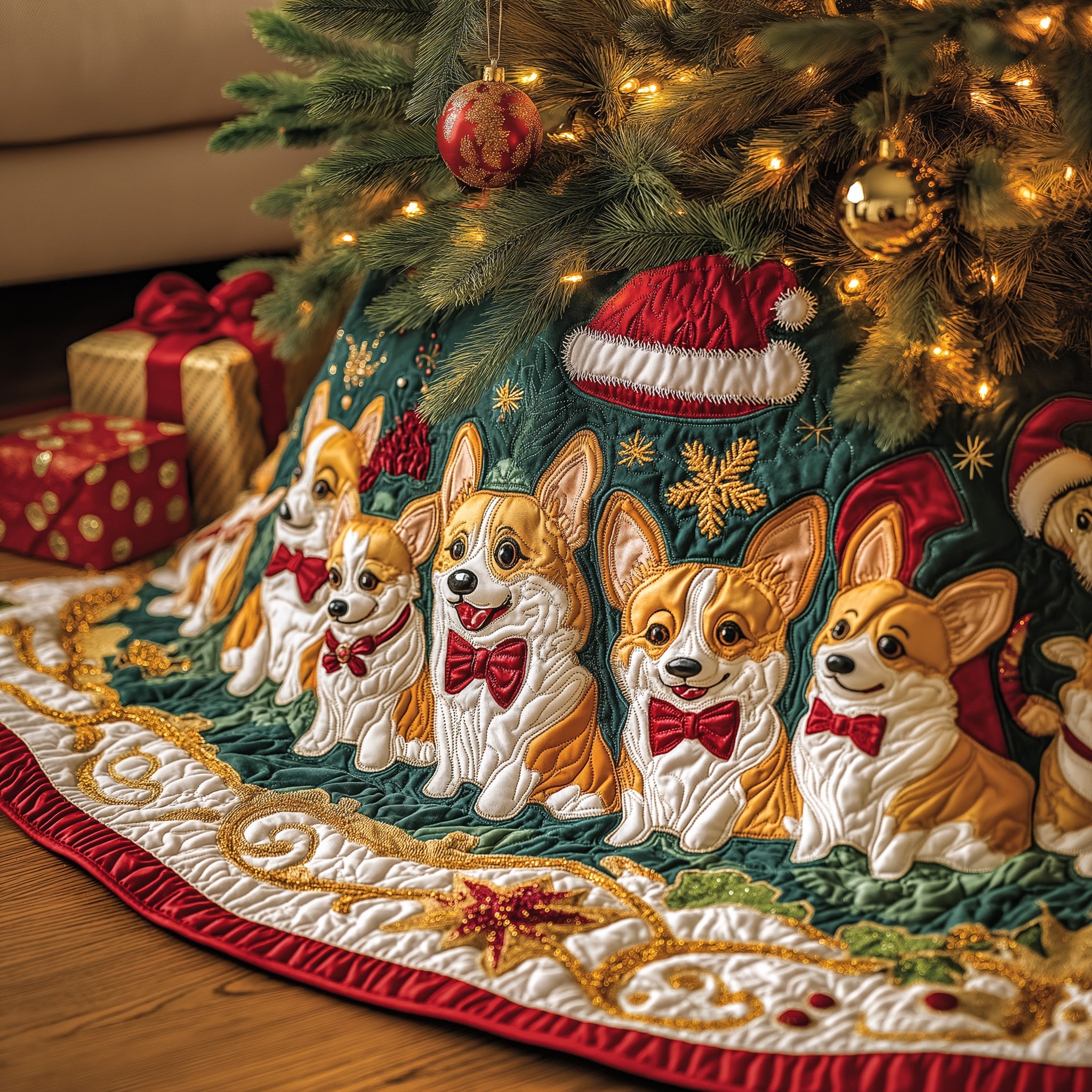 Handmade Corgi Xmas Tree Skirt Quilted Dog Lover Holiday Decoration Gift for Family