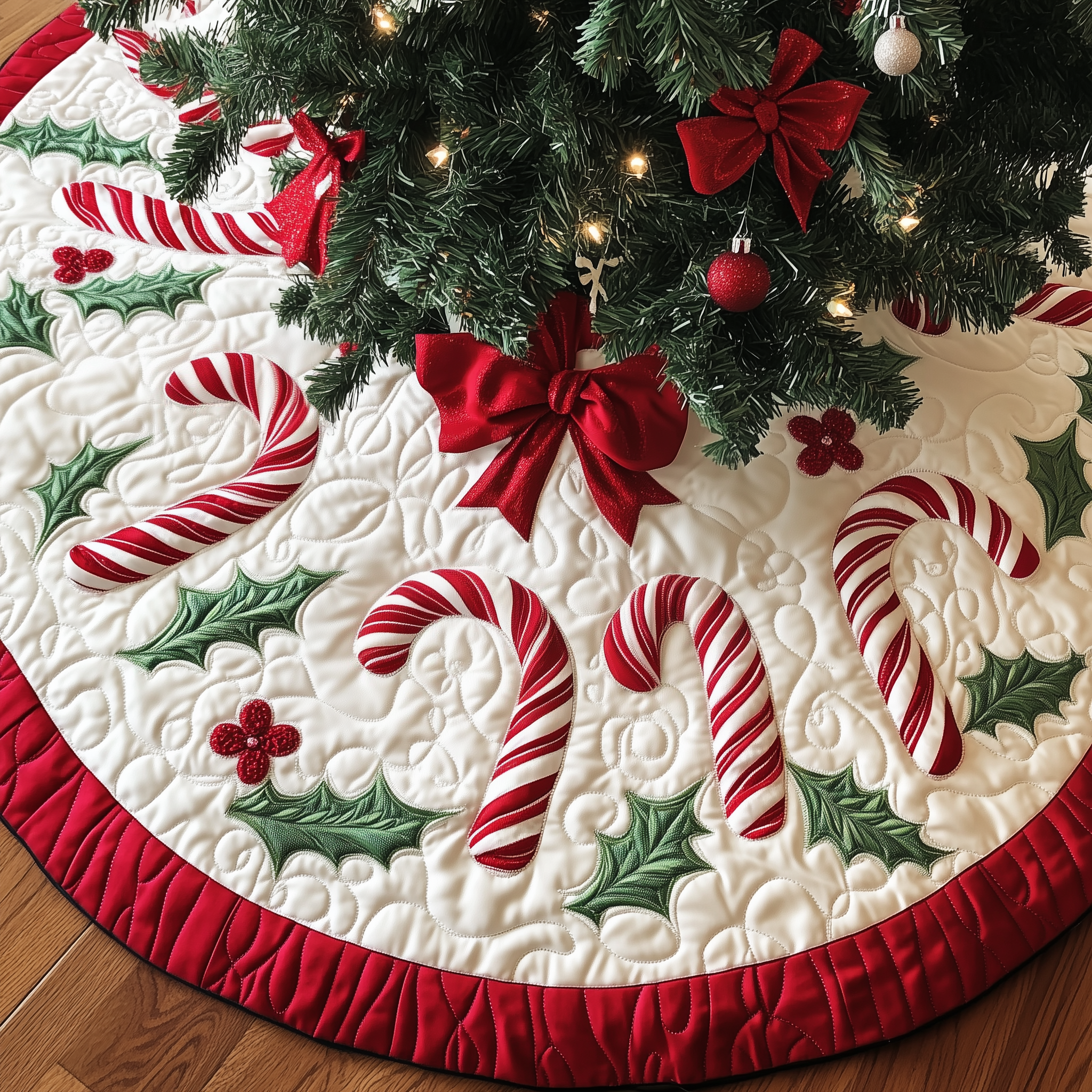 Handmade Quilted Candy Cane Christmas Tree Skirt Holiday Decoration Gift for Family
