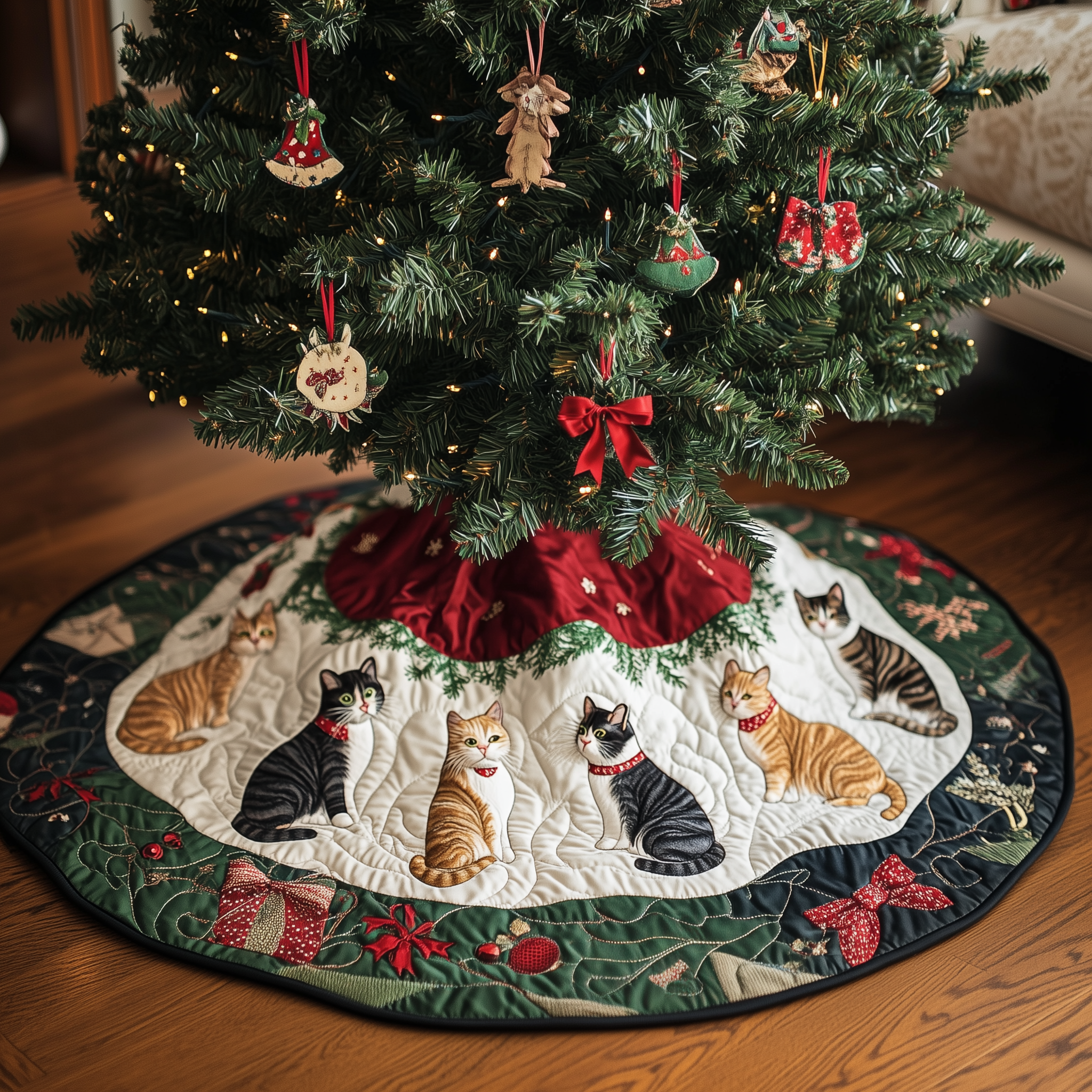 Handmade Quilted Cat Christmas Tree Skirt Cozy Holiday Gift for Cat Lovers and Family