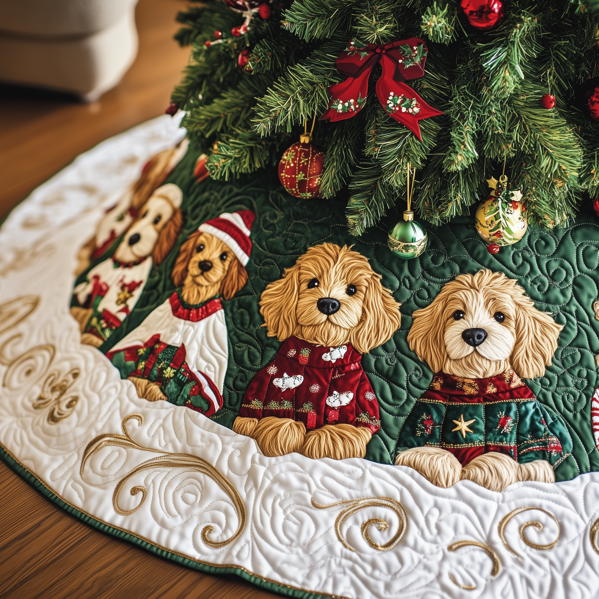 Handmade Quilted Dog Christmas Tree Skirt Golden Retriever Lover Holiday Decoration Gift Idea