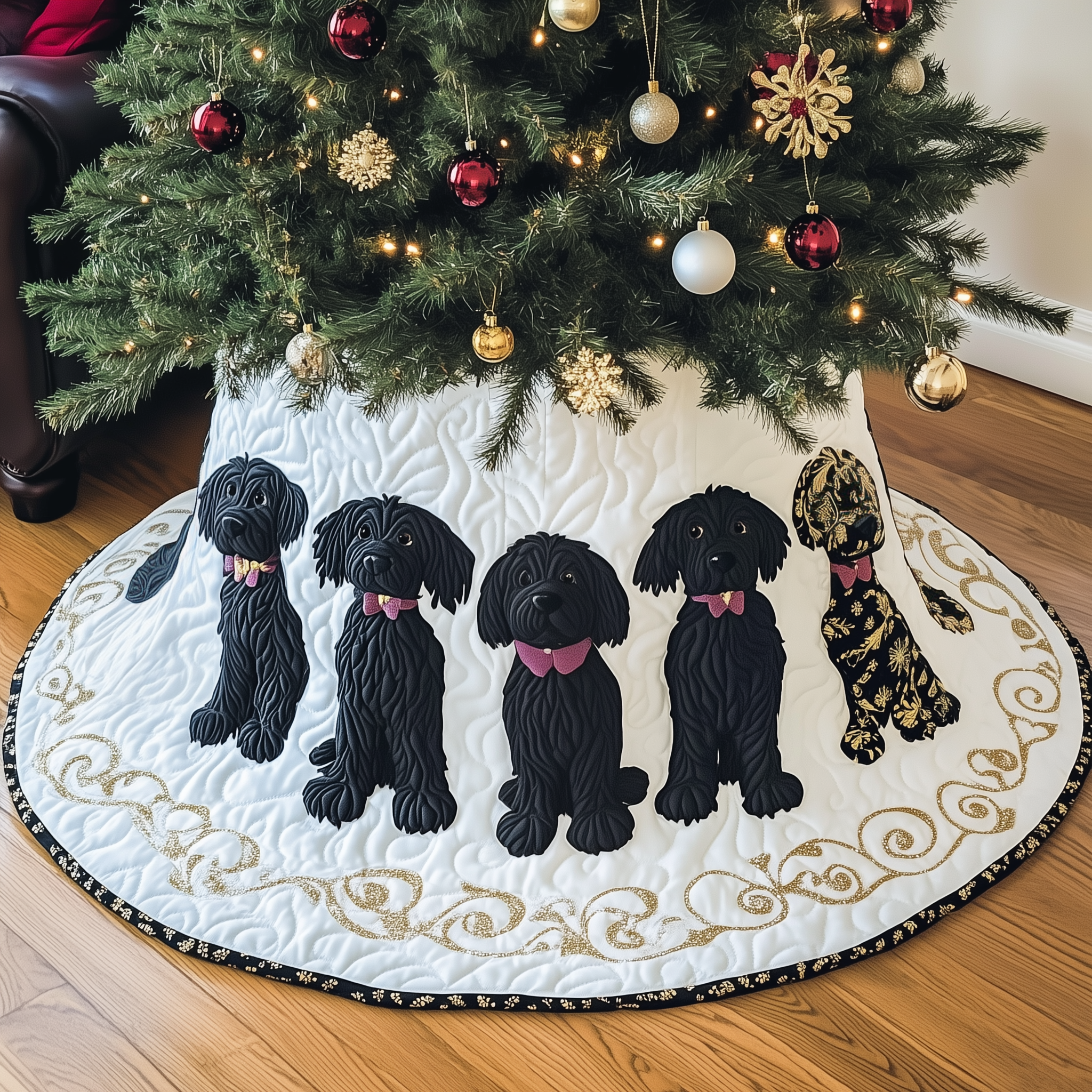 Handmade Quilted Dog Xmas Tree Skirt Adorable Puppy Lover Holiday Gift for Cozy Home
