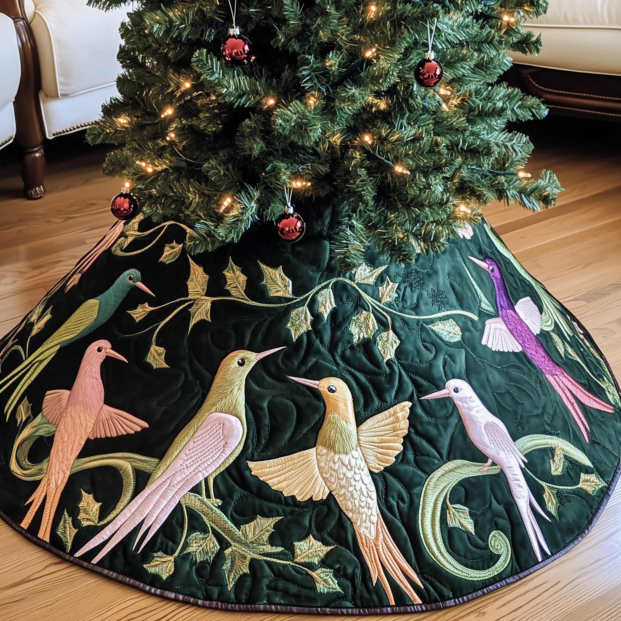 Handmade Quilted Hummingbird Christmas Tree Skirt Elegant Holiday Gift for Festive Home Decor