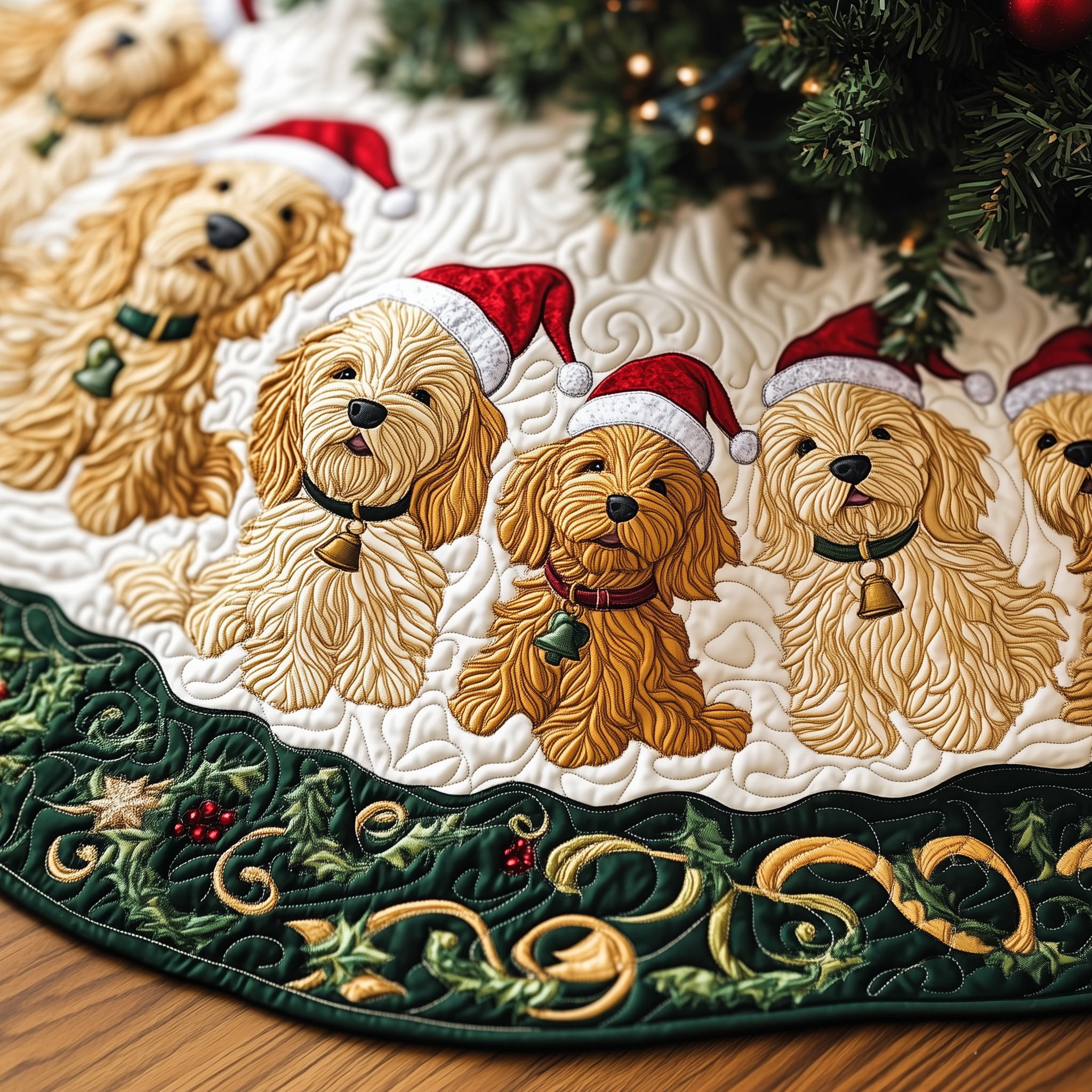 Handmade Quilted Labradoodle Modern Tree Skirt Dog Lover Holiday Decoration Gift for Home