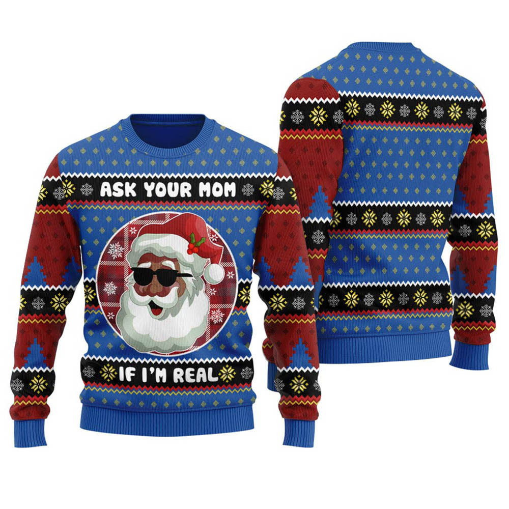 Handsome African American Santa Mens Holiday Sweater Royal Funny Holiday Sweater for Family Gatherings