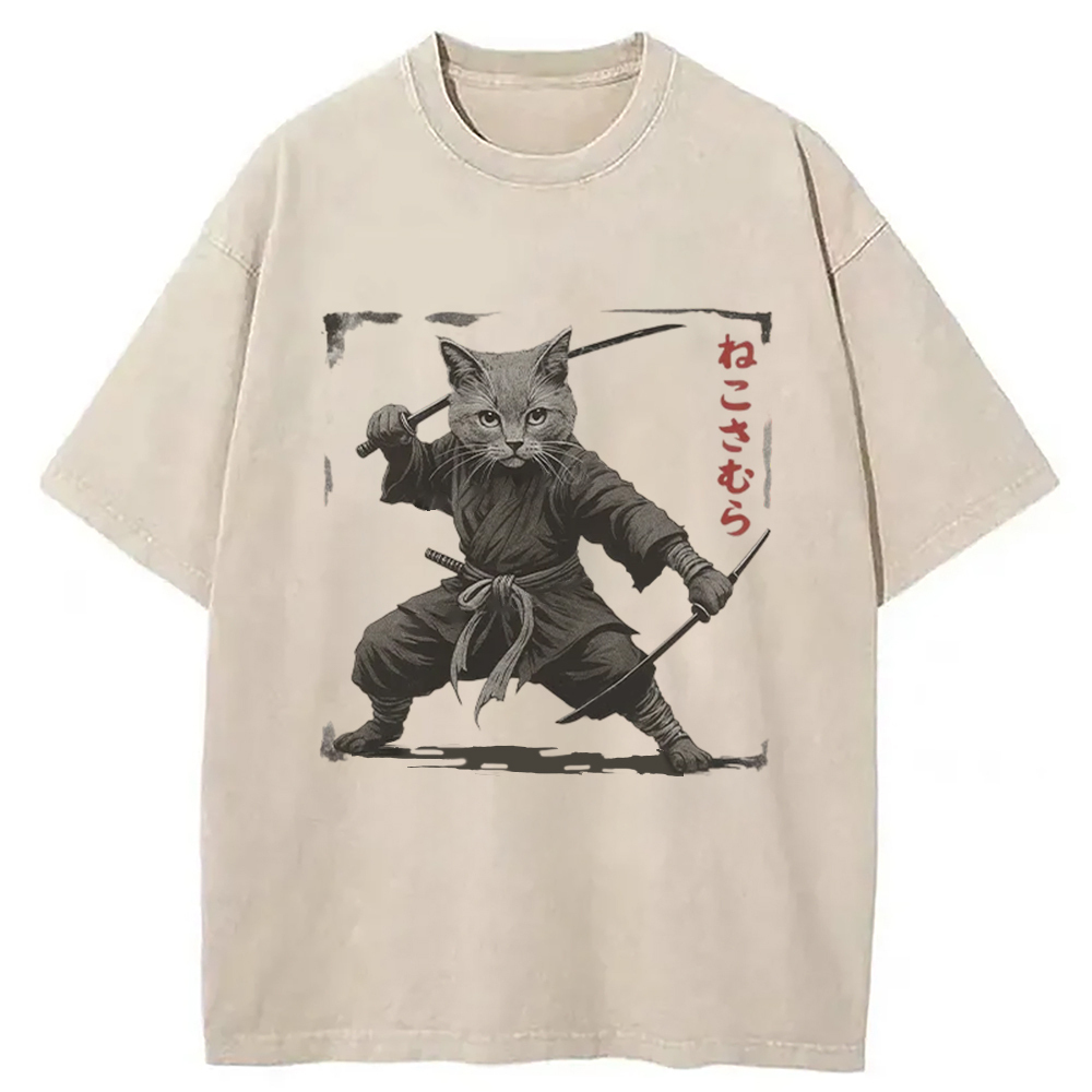 Handsome Cat Samurai Washed T-Shirt Casual Oversized Outfit Style Gifts For Her