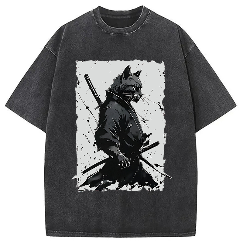 Handsome Samurai Cat Washed T-Shirt Casual Oversized Outfit Style Gifts For Friends