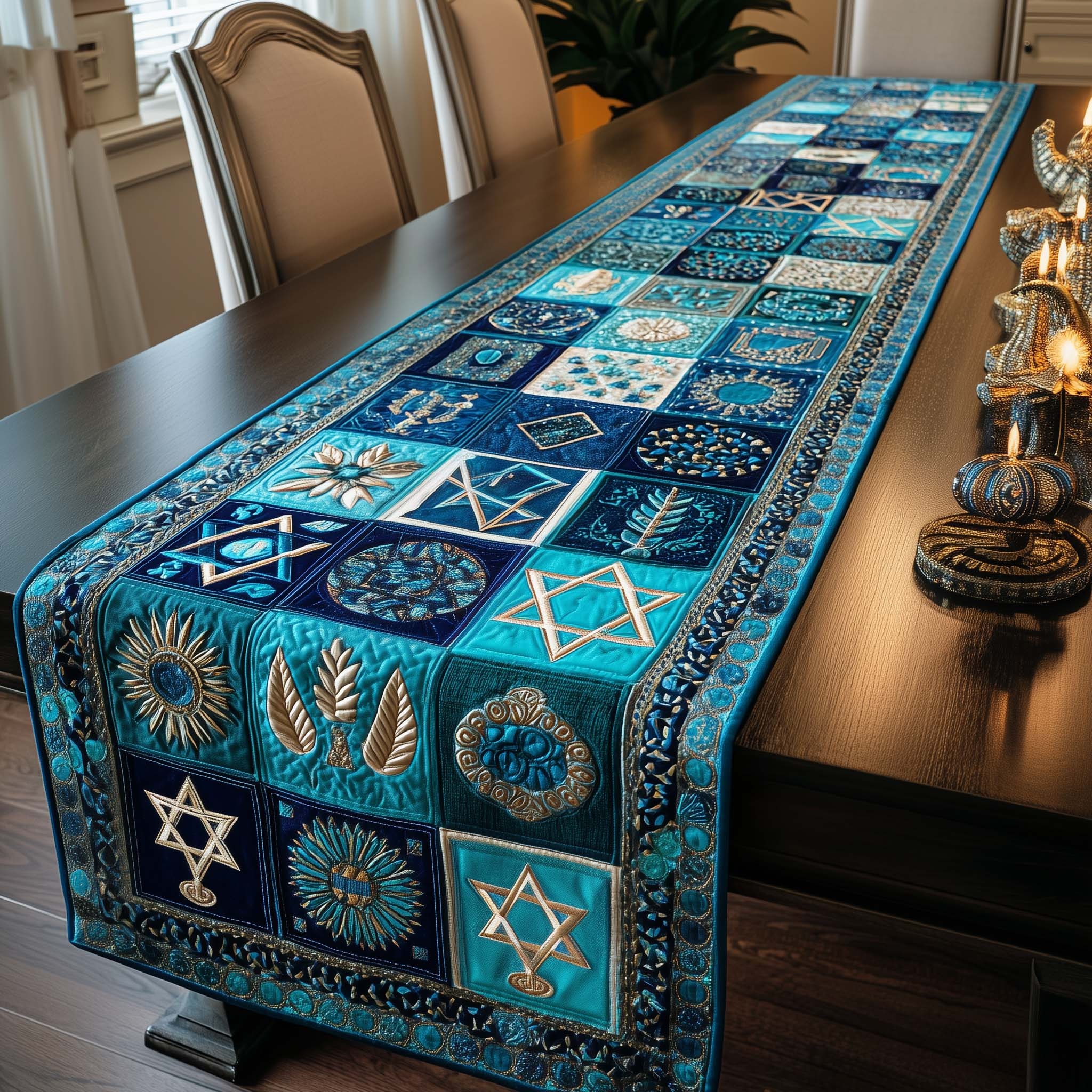 Hanukkah Patchwork Quilted Table Runner Charming Farmhouse Accent Gift For Dining Room Table
