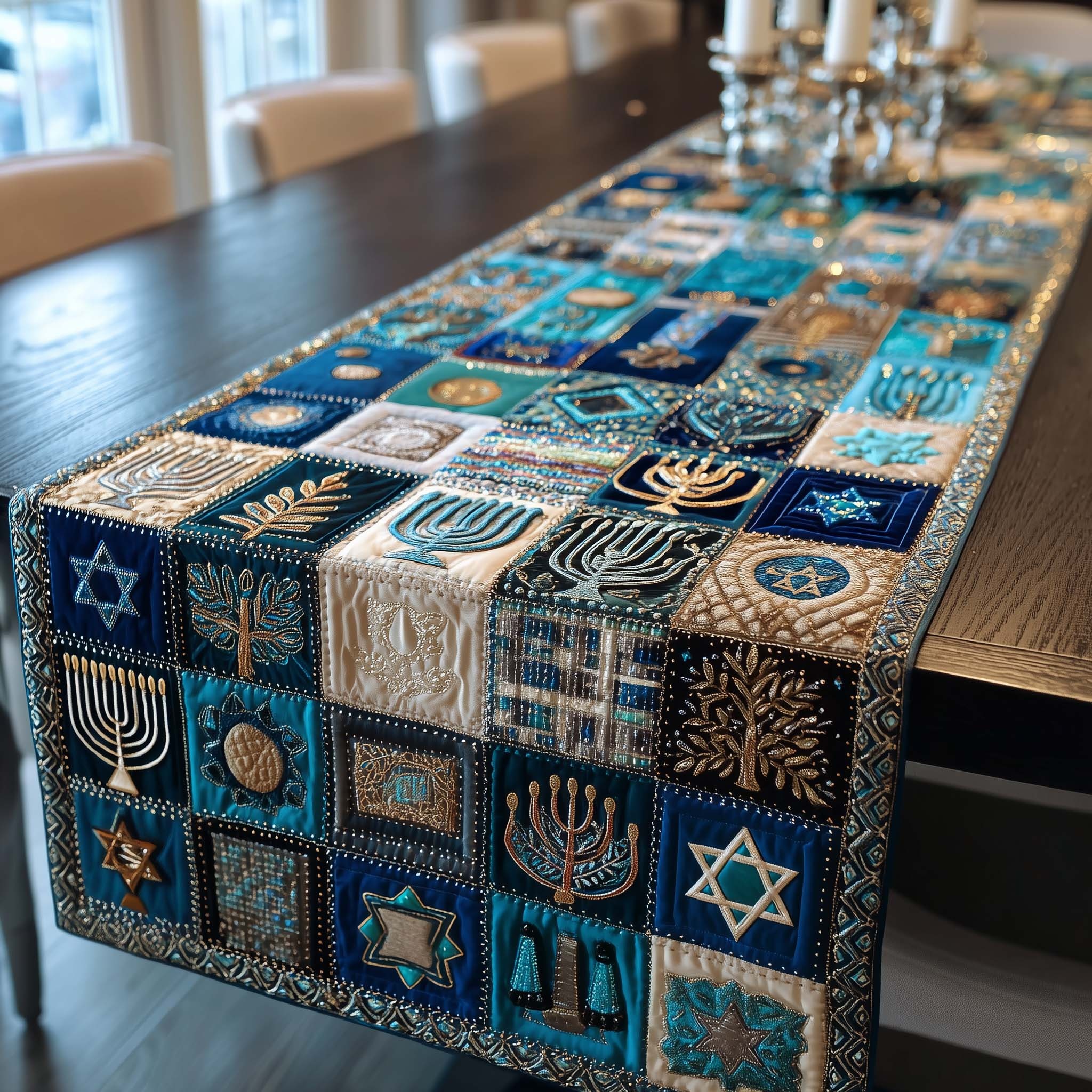 Hanukkah Patchwork Quilted Table Runner Rustic Kitchen Dining Decor Gift For Cozy Family Home