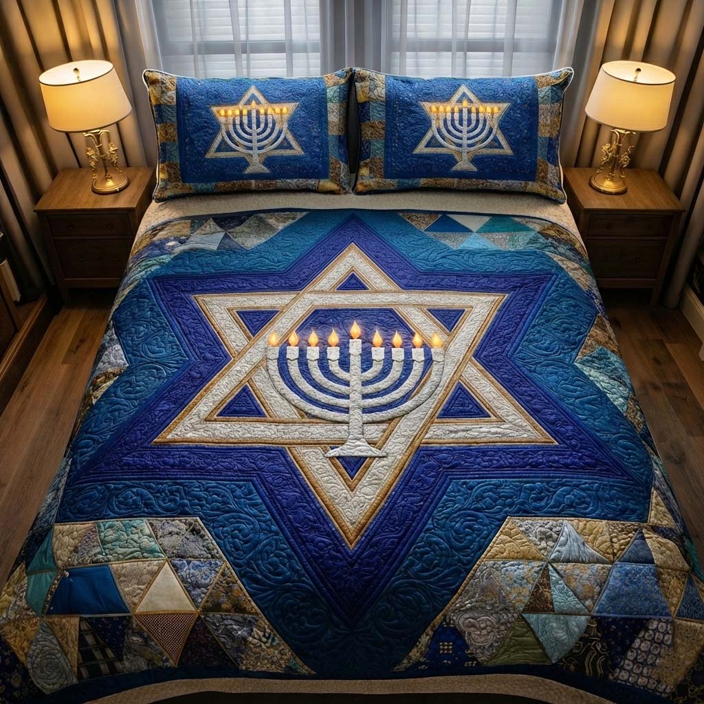 Hanukkah Quilted Bedding Set Jewish Holiday Bedroom Decor Festive Gift For Jewish Families
