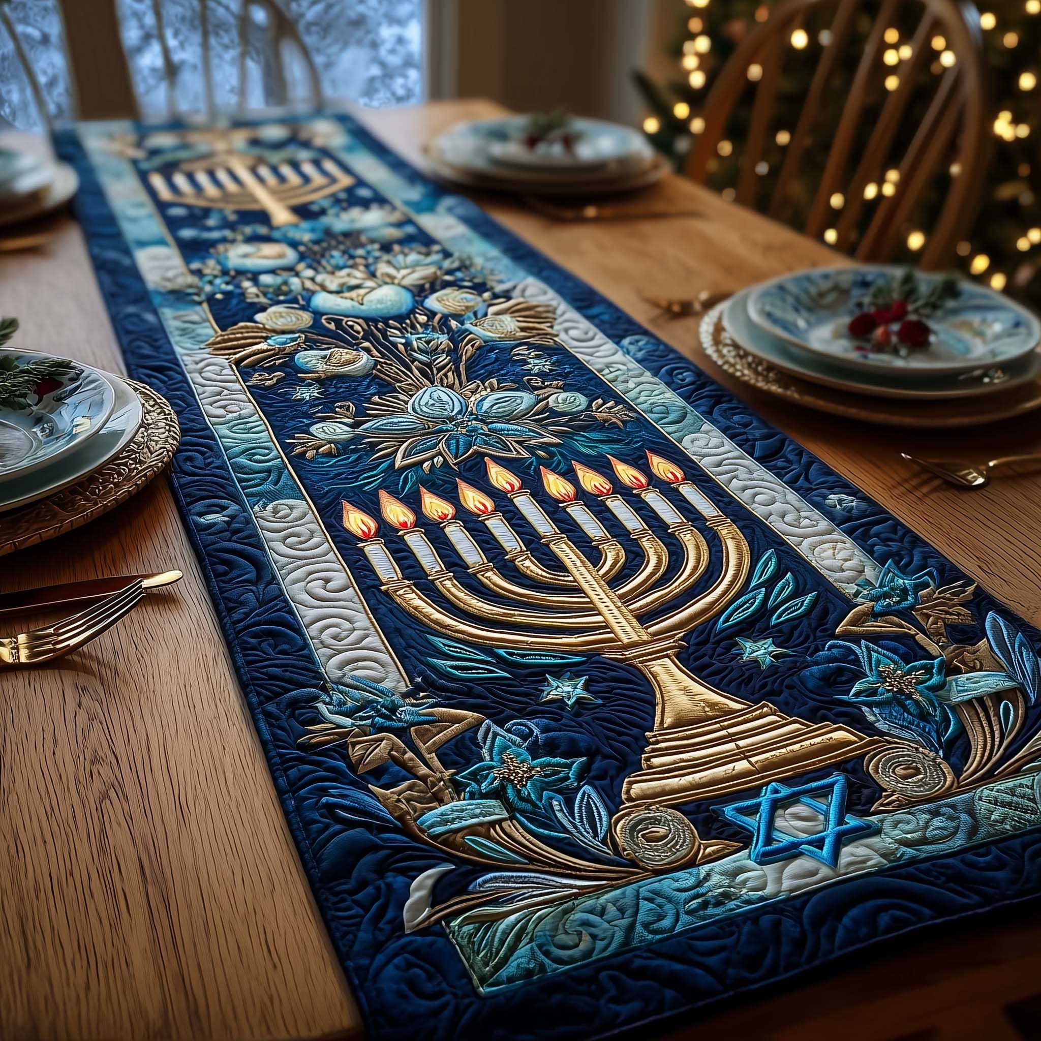 Hanukkah Quilted Table Runner Rustic Kitchen Dining Decor Gift For Cozy Family Home Lovely