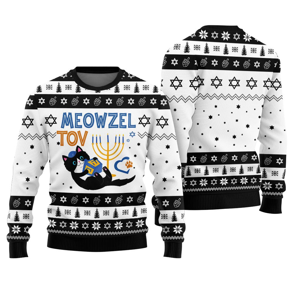 Hanukkah Ugly Christmas Sweater Funny Cat Stylish Winter Sweatshirt for Everyday Wear