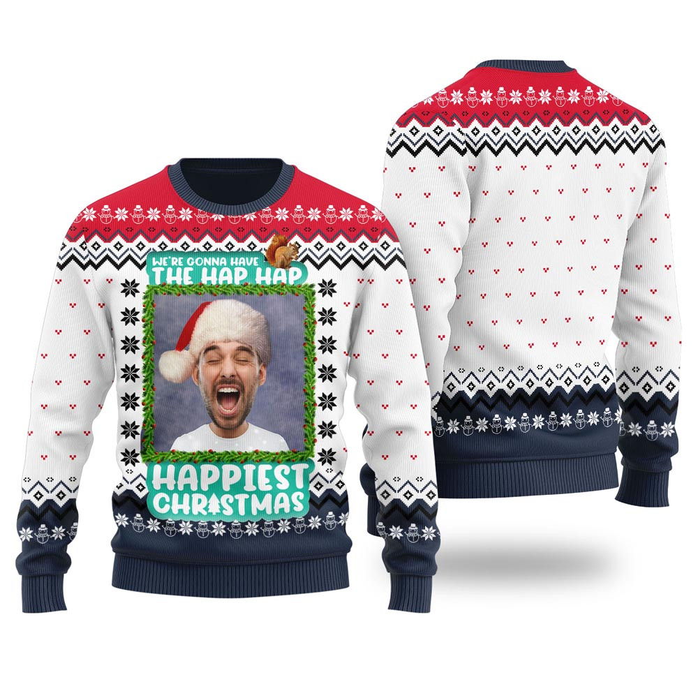 Hap Hap Happiest Christmas Custom Ugly Christmas Sweater Navy Ugly Christmas Sweater For Men