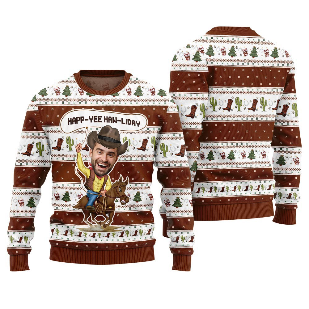 Happ Yee Haw Liday Personalized Face Western Christmas Brown Sweater Christmas Sweaters For Men And Women