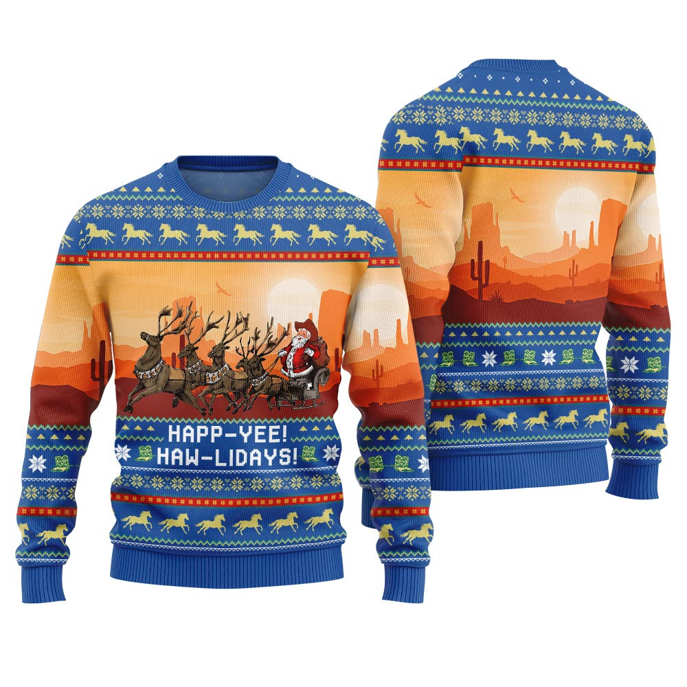 Happ Yee Haw Lidays Cowboy Season Christmas Pattern Ugly Sweater Royal Lovely Merch Gift for Cozy Winter Nights