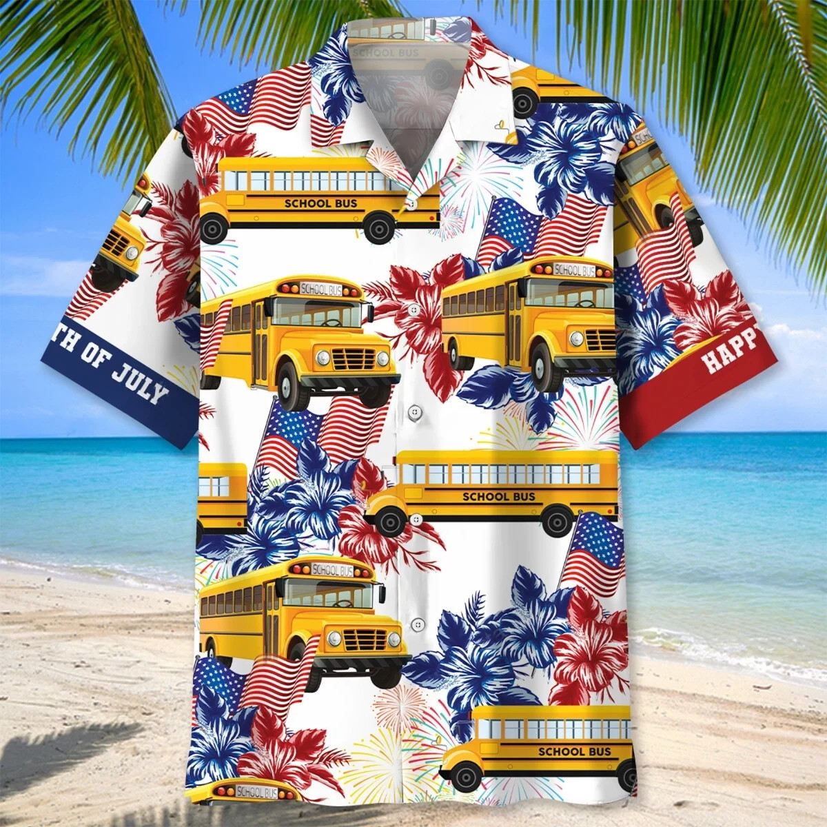 Happy 4th Of July School Bus Hawaiian Shirt USA Flag Summer Tropical Beach Merch Patriotic Gift