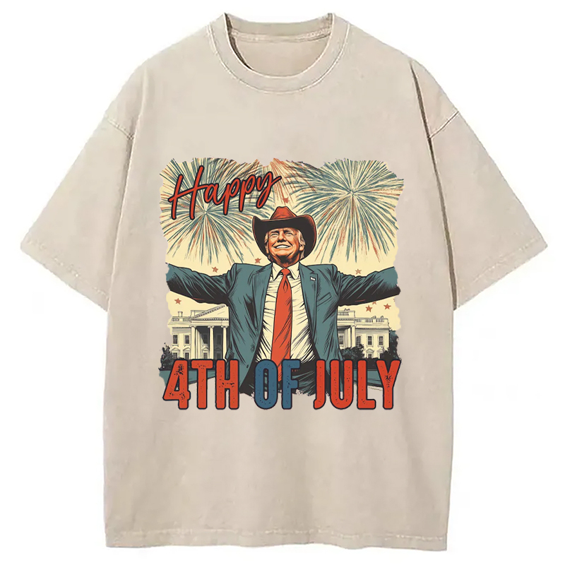 Happy 4th Of July Trump Washed T-Shirt Retro Humor Graphic Top Gifts For Besties