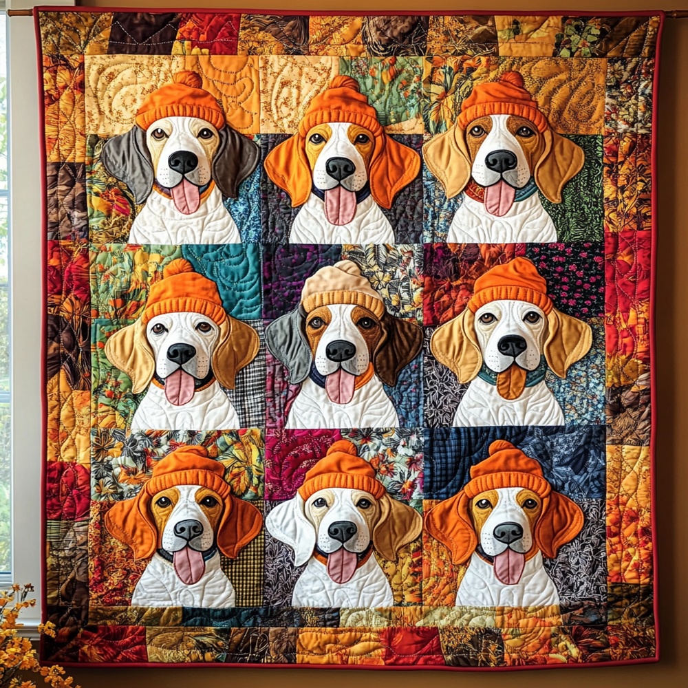 Happy Beagle Crew Quilted Blanket Colorful Fall Dog Art Cozy Bedding Warm Throw Gift Beagle Fans