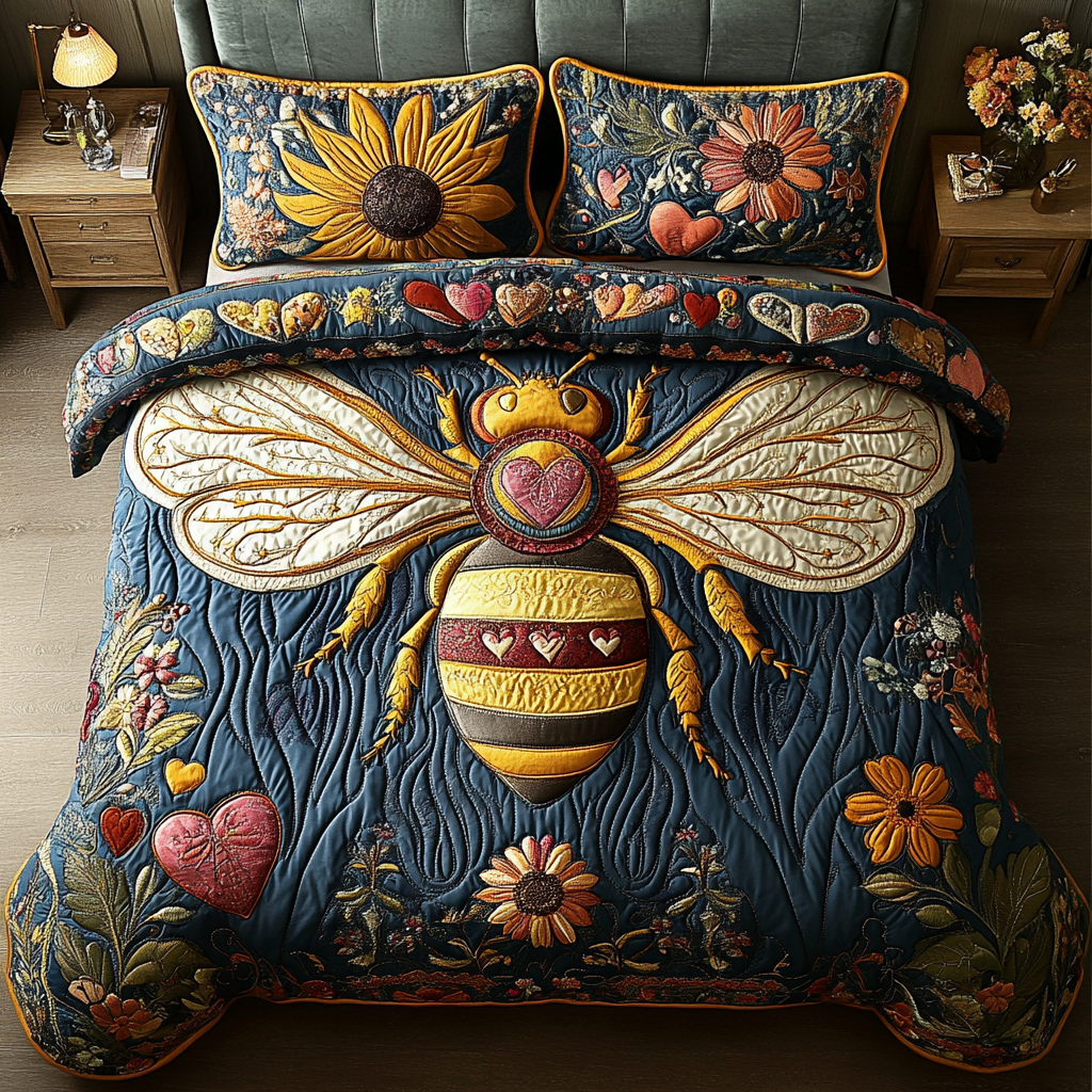 Happy Bee Quilted Bedding Set Cute Room Decor Best Gifts For Beekeepers