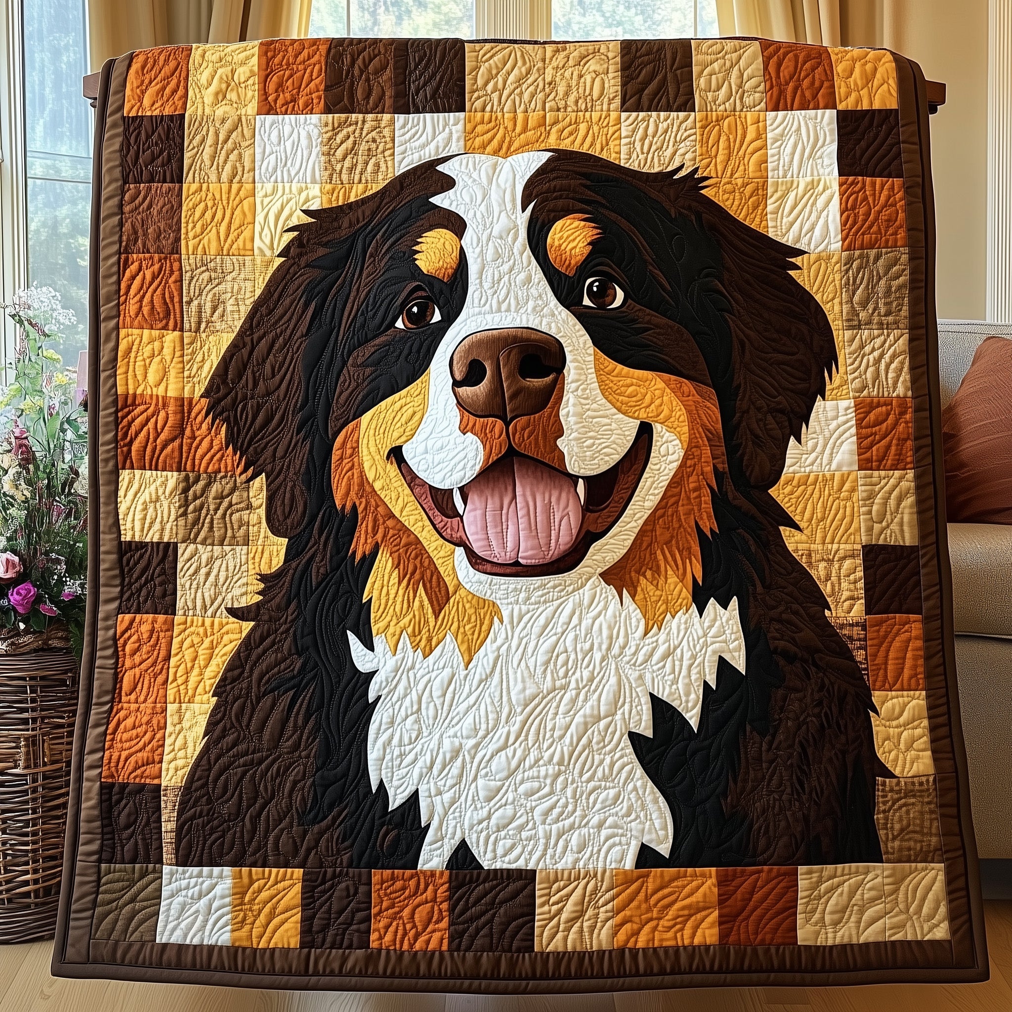 Happy Bernese Mountain Dog Quilted Blanket Couch Throw BlanketGift For Dog Lover Best Christmas