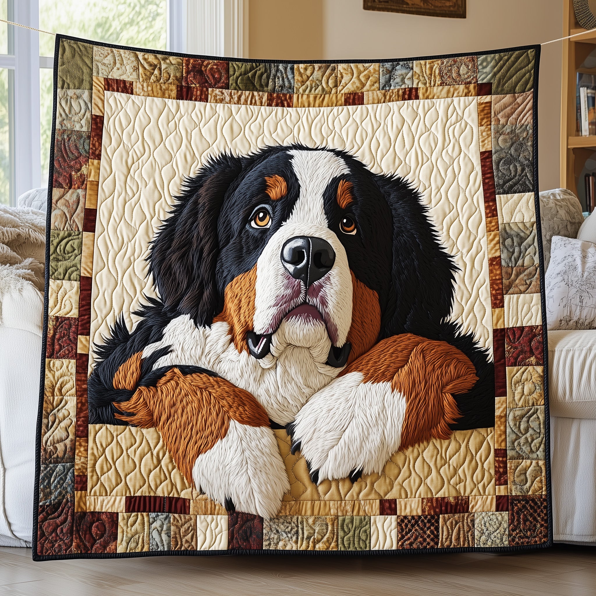 Happy Bernese Mountain Dog Quilted Blanket Couch Throw BlanketGood Presents For Dog Lovers