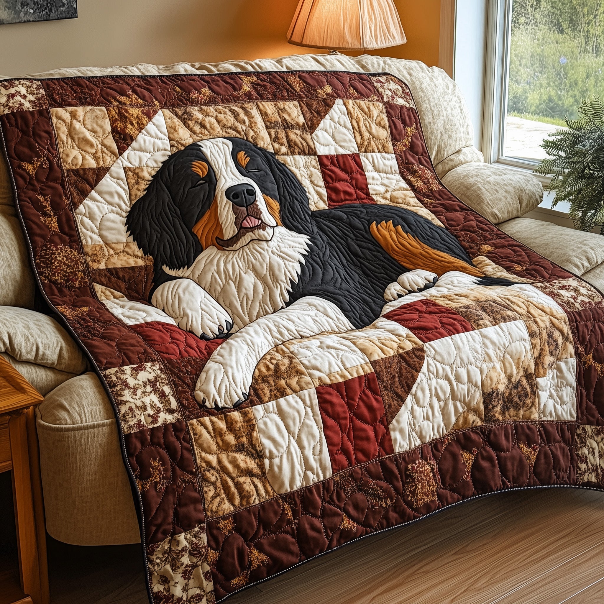 Happy Bernese Mountain Dog Quilted Blanket Couch Throw BlanketPerfect Gift For Dog Lovers