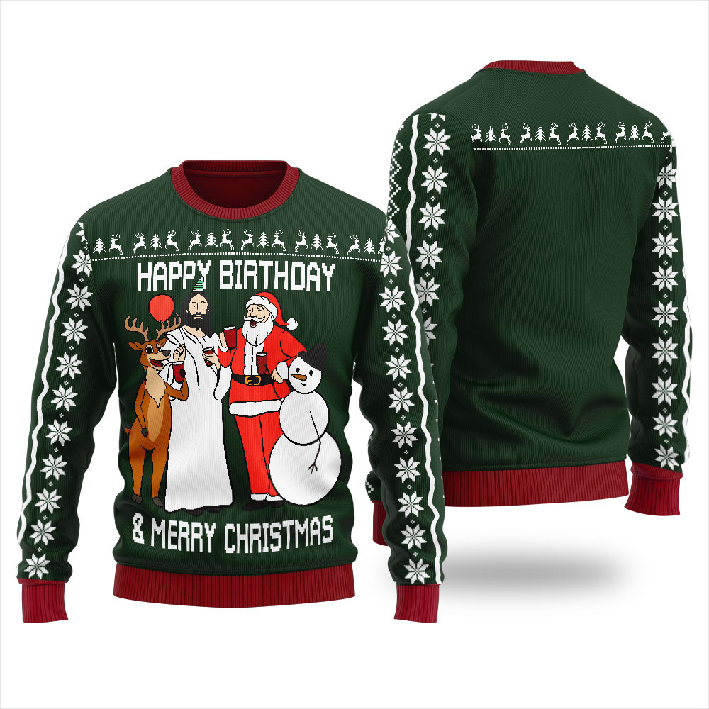 Happy Birthday Merry Christmas Womens Ugly Sweater Forest Green Stylish Winter Sweatshirt for Everyday Wear