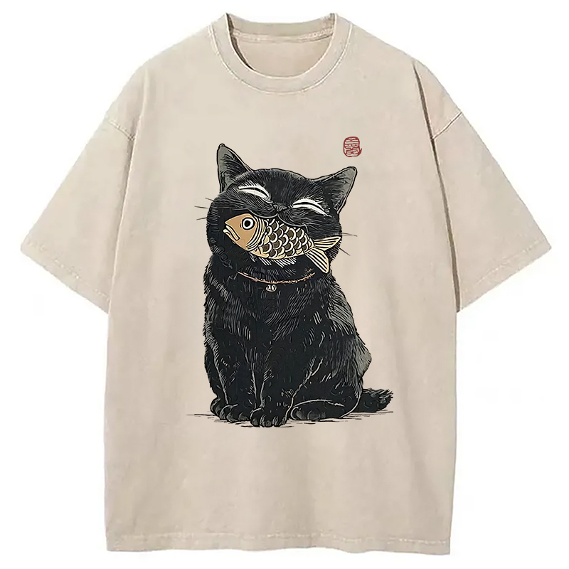 Happy Black Cat Washed T-Shirt Soft Comfortable Daily T Shirt Gifts For Sister