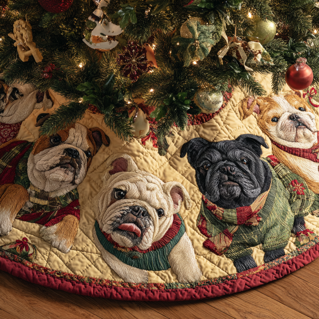 Happy Bulldog Christmas Quilted Tree Skirt Holiday Home Decor Best French Bulldog Gifts