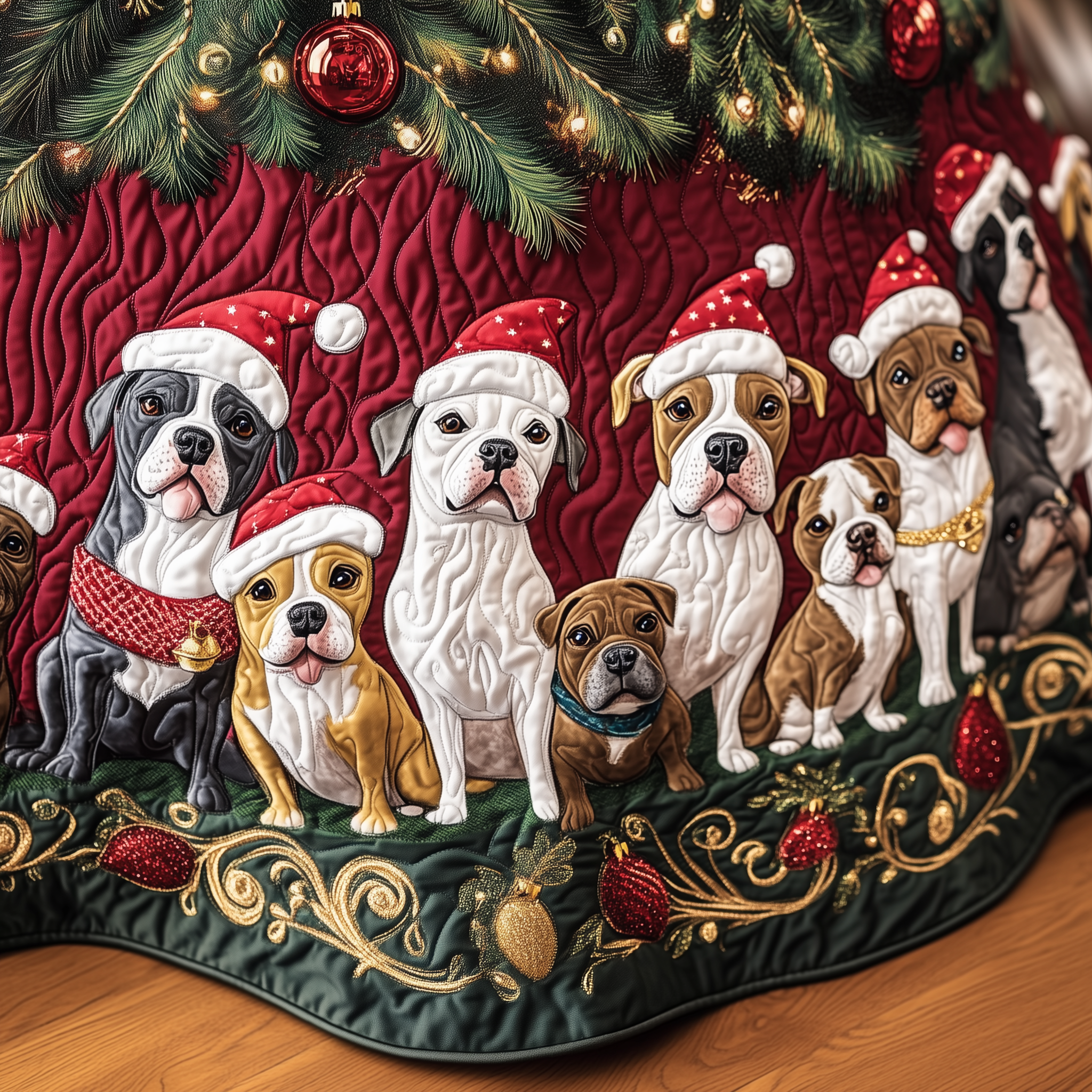 Happy Bulldog Christmas Quilted Tree Skirt Xmas Tree Decorations Holiday Gifts For Dog Lovers Owners