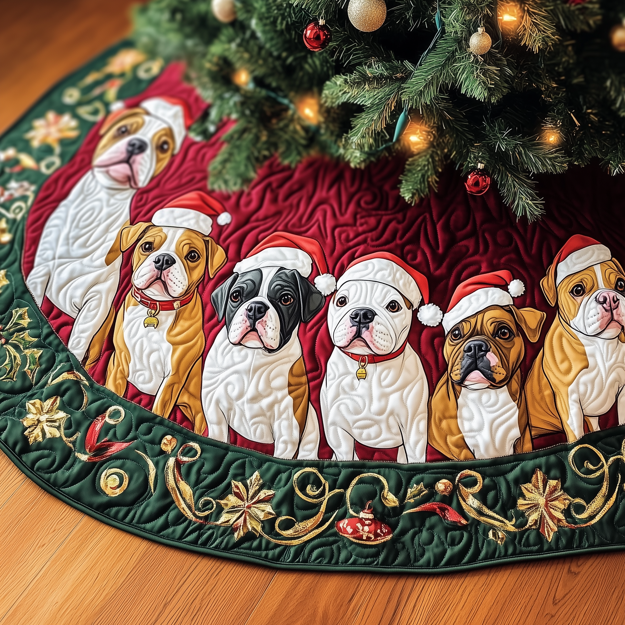 Happy Bulldog Christmas Quilted Tree Skirt Xmas Tree Decorations Holiday Gifts For Dog Lovers Owners