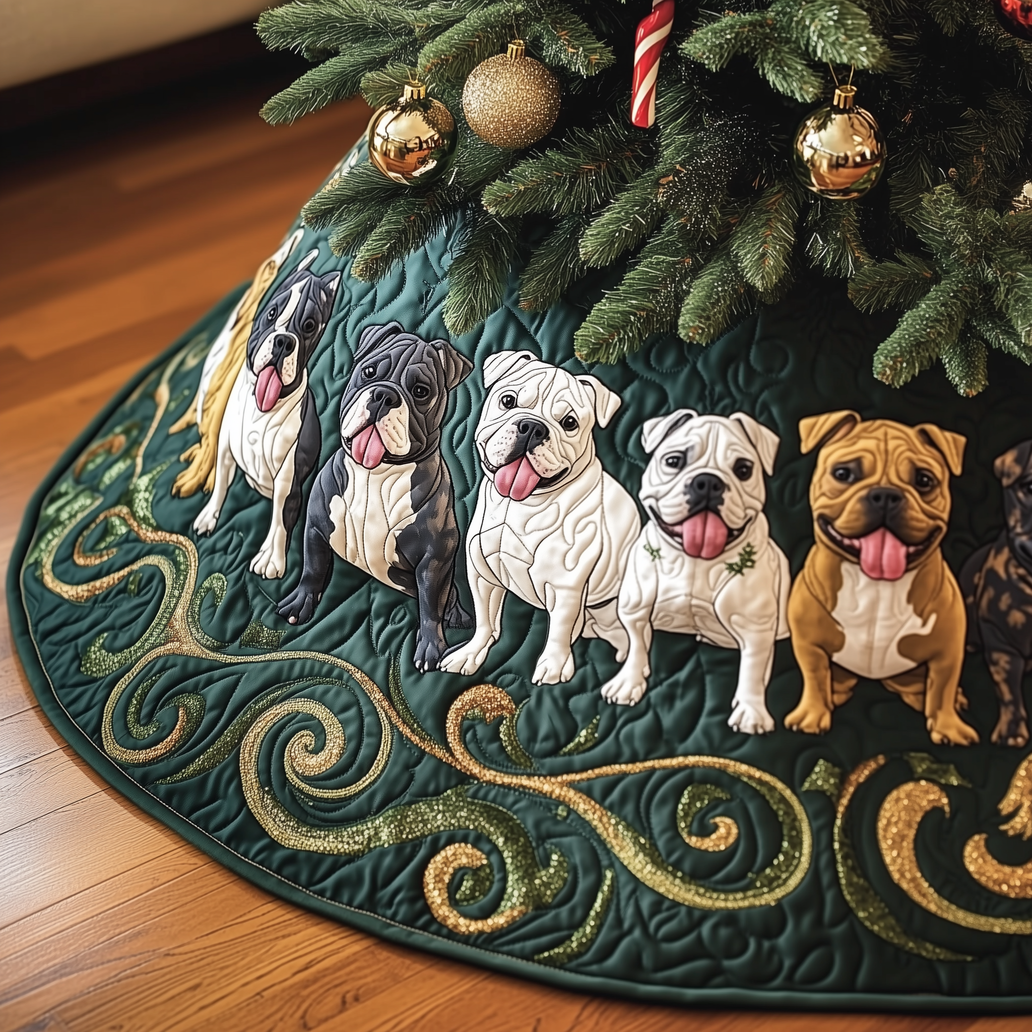 Happy Bulldog Christmas Quilted Tree Skirt Xmas Tree Decorations Holiday Gifts For Dog Lovers Owners