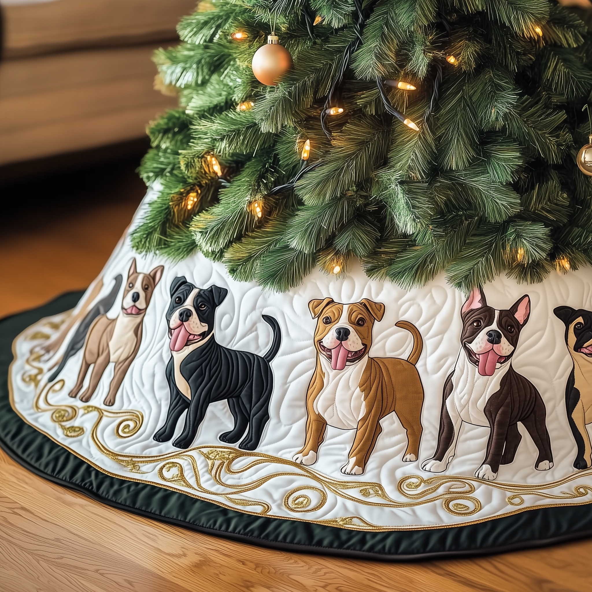 Happy Bulldog Christmas Quilted Tree Skirt Xmas Tree Decorations Holiday Gifts For Dog Lovers Owners
