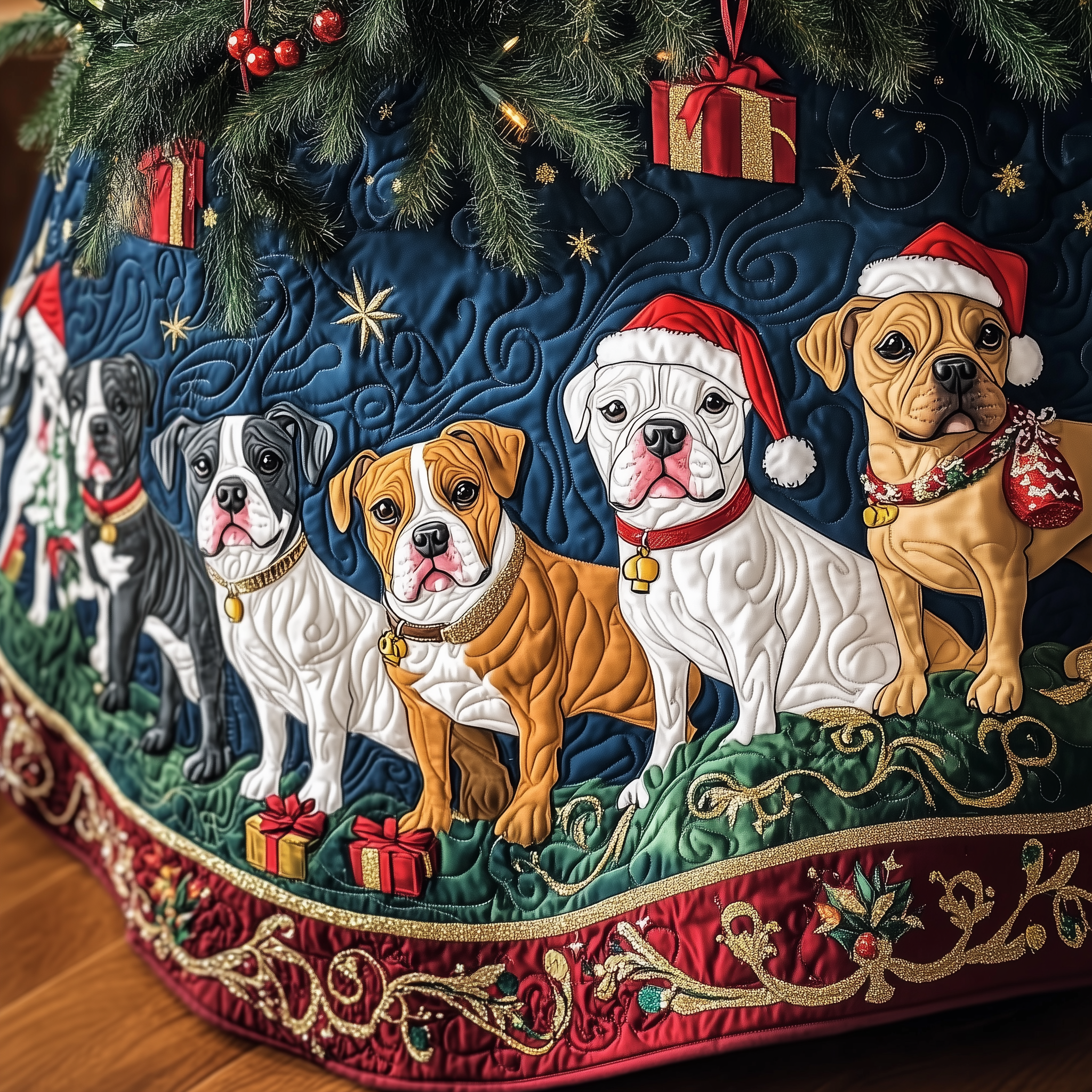 Happy Bulldog Christmas Quilted Tree Skirt Xmas Tree Decorations Holiday Gifts For Dog Lovers Owners
