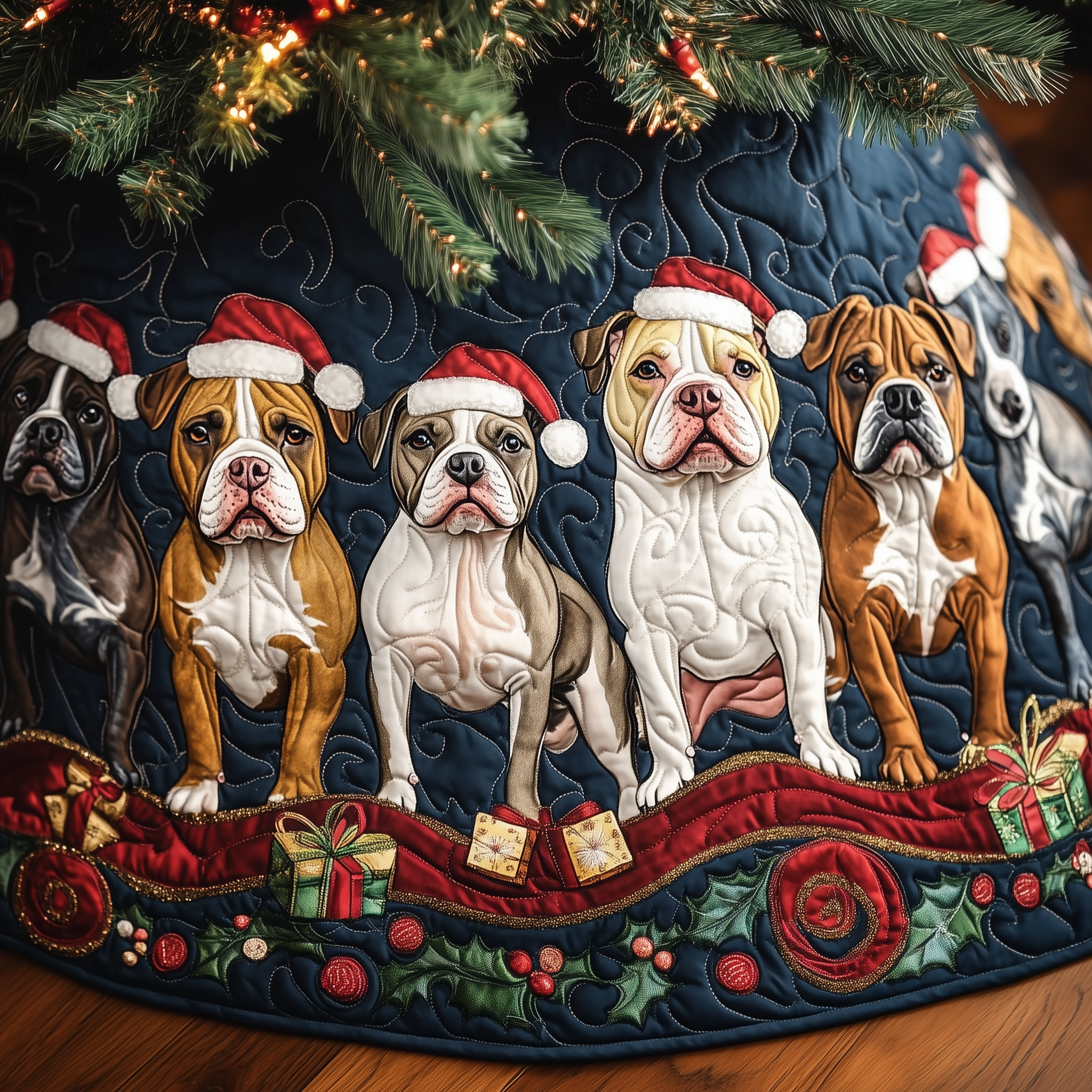 Happy Bulldog Christmas Quilted Tree Skirt Xmas Tree Decorations Holiday Gifts For Dog Lovers Owners