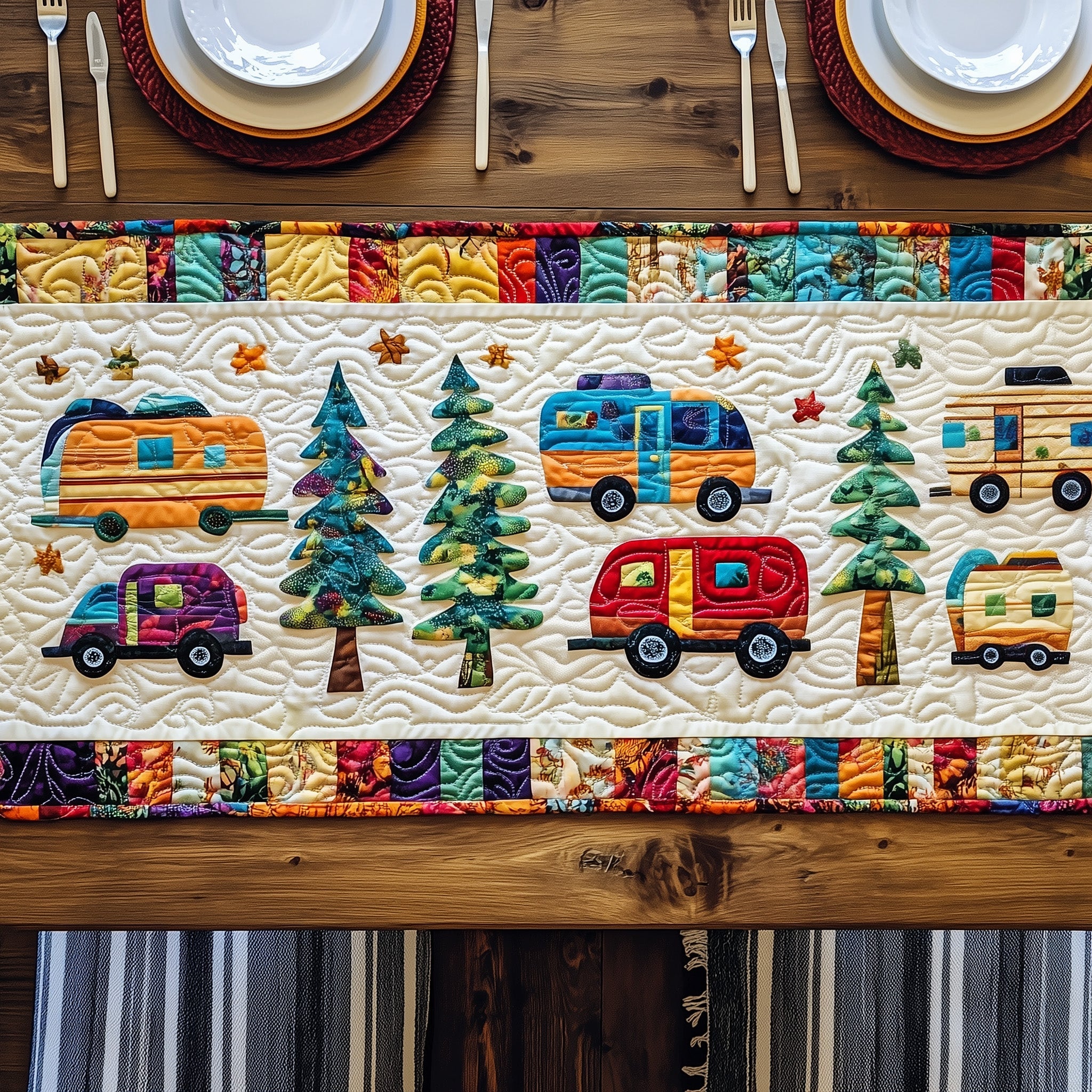 Happy Camping Journey Quilted Table Runner Festive Christmas Dining Room Table Runner