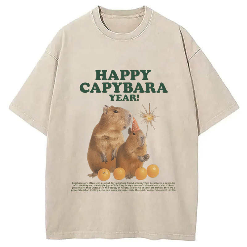Happy Capybara Year Washed T-Shirt Minimal Retro Graphic Clothing Gifts For Brother