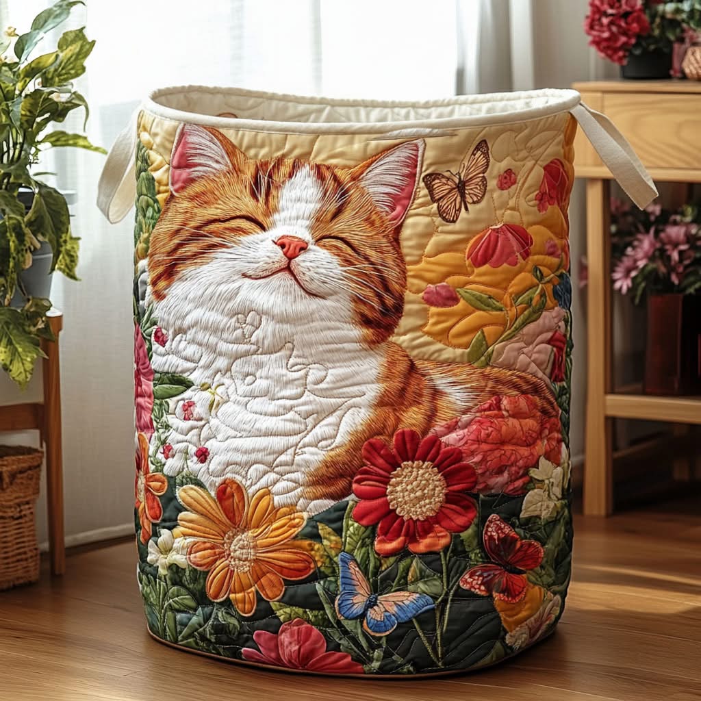 Happy Cat Garden Flower Quilted Laundry Basket Floral Cat Lover Home Decor Gift For Cat Owners Fans
