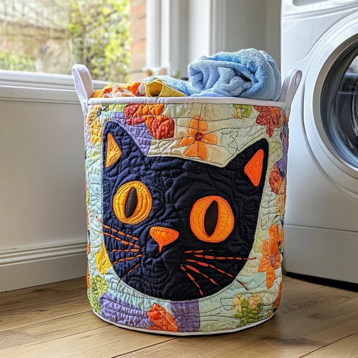 Happy Cat Quilted Laundry Basket Cute Boho Cat Home Decor Funny Gift For Cat Mom