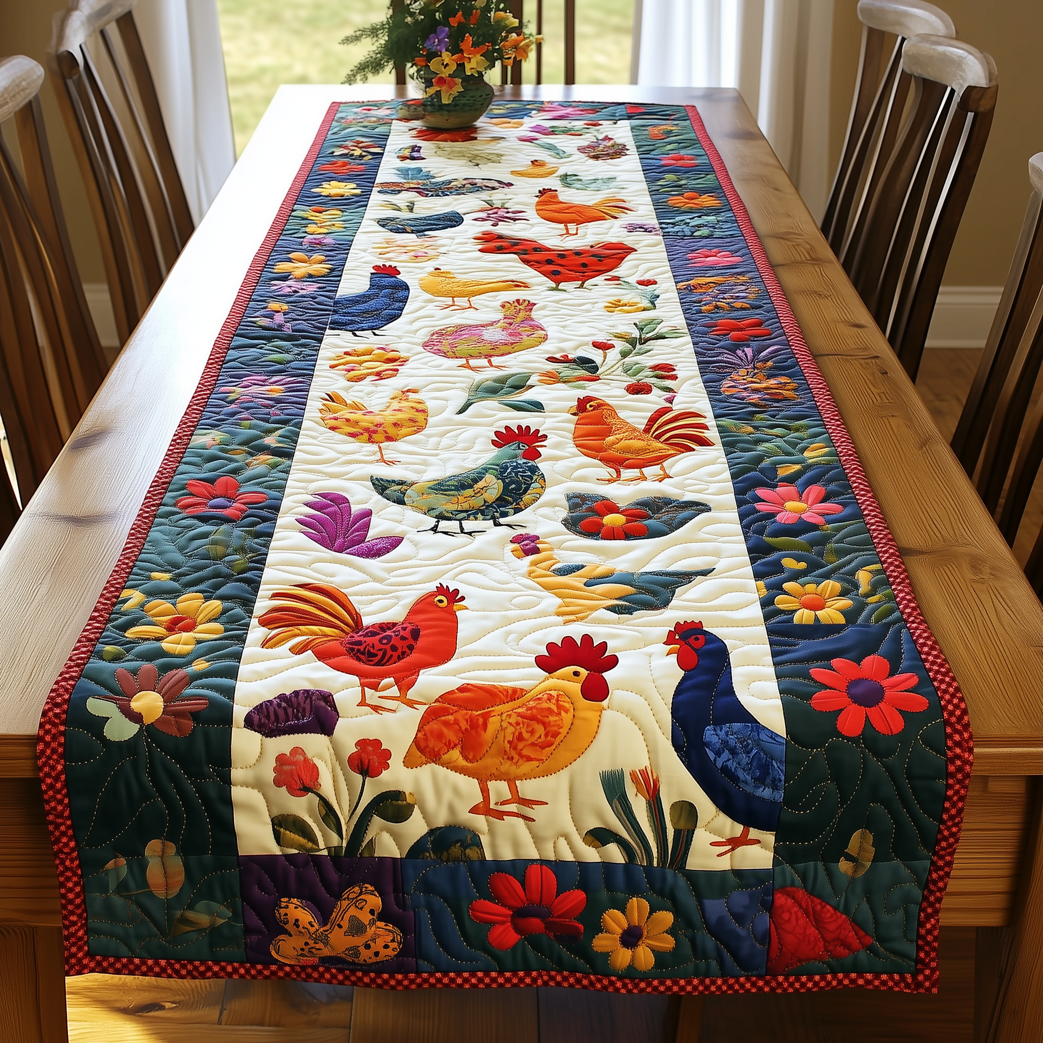 Happy Chickens Quilted Table Runner Holiday Dining Table Runner Best Chicken Themed Gifts Owners