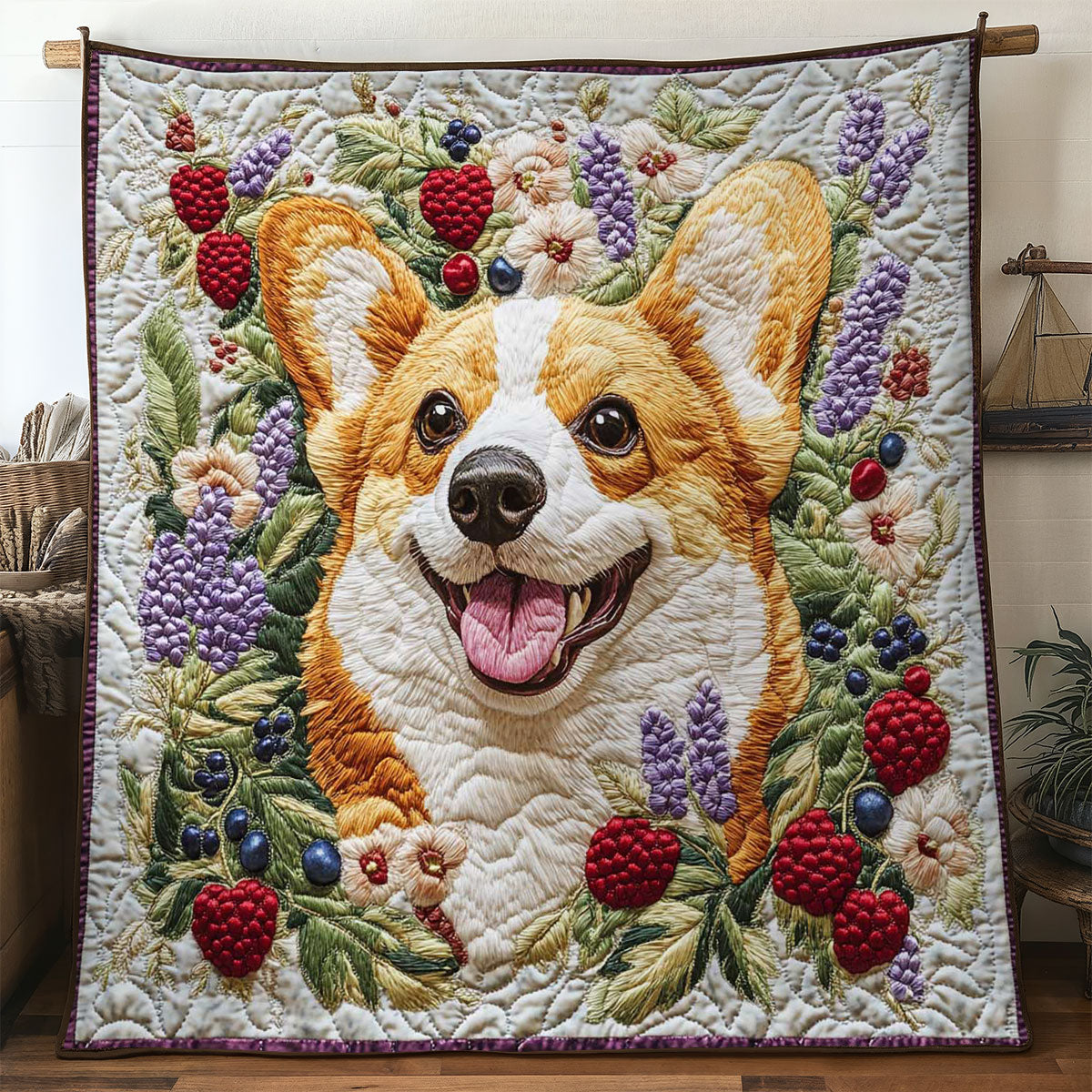 Happy Corgi Quilt Luxury Quilt Blanket with Decorative Stitching