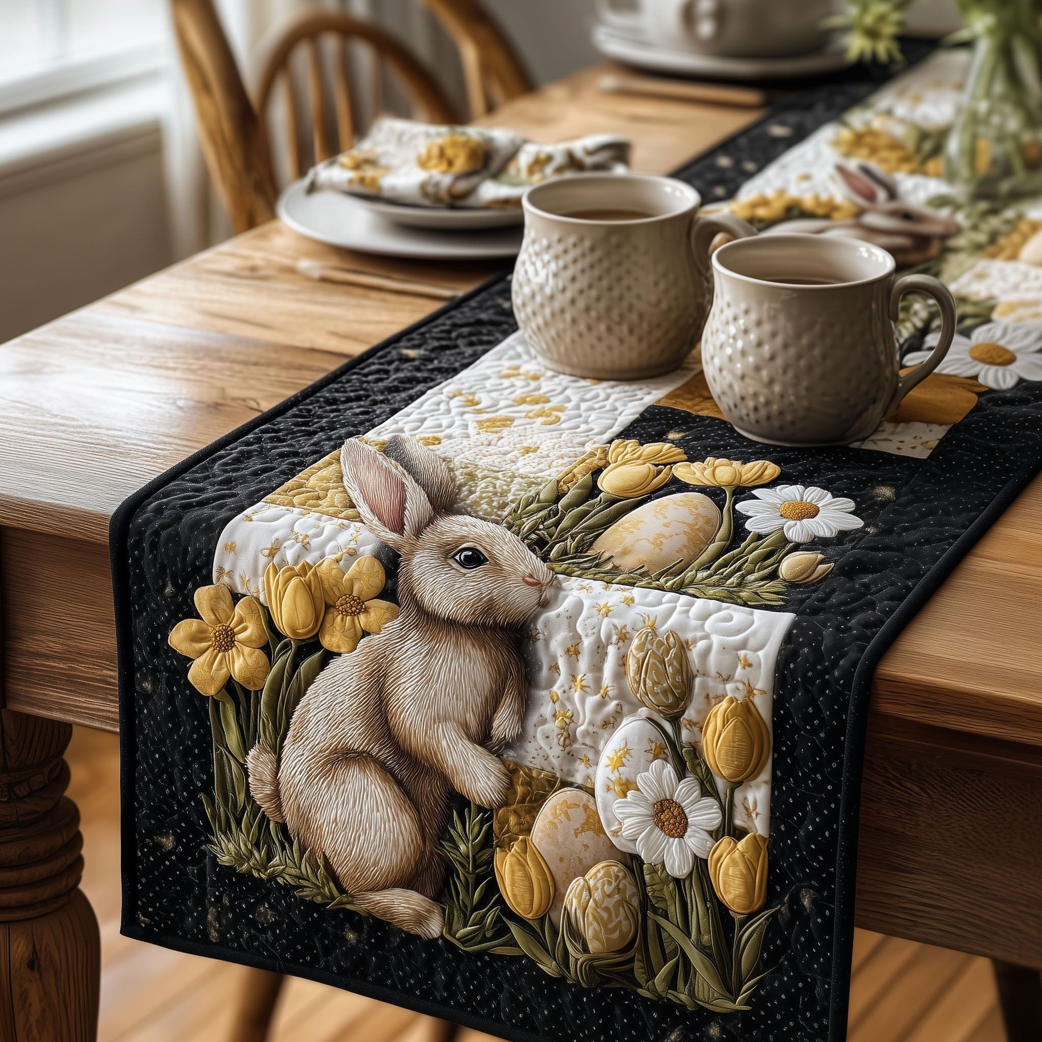 Happy Easter Quilted Table Runner Rustic Kitchen Dining Decor Gift For Cozy Family Home