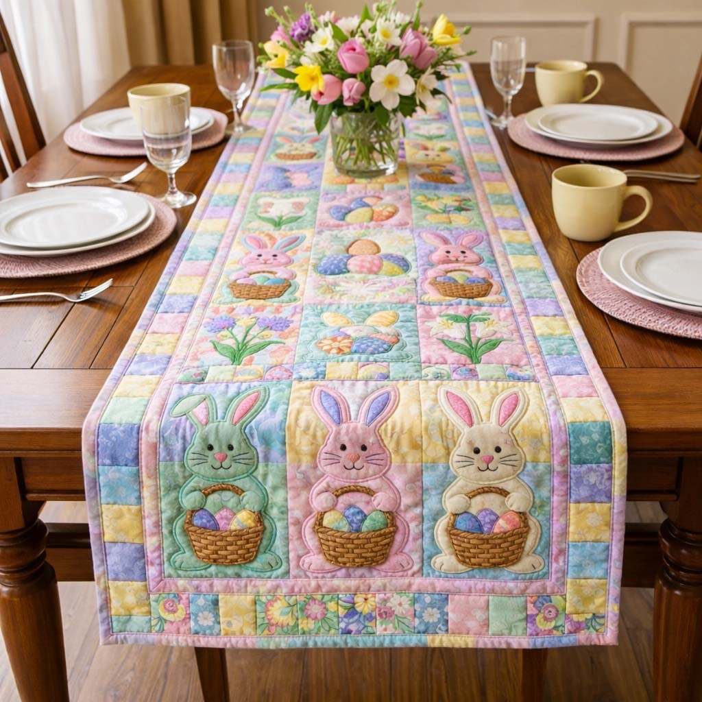 Happy Easter Quilted Table Runner Seasonal Tabletop Decor Gift For Kitchen Dining Space