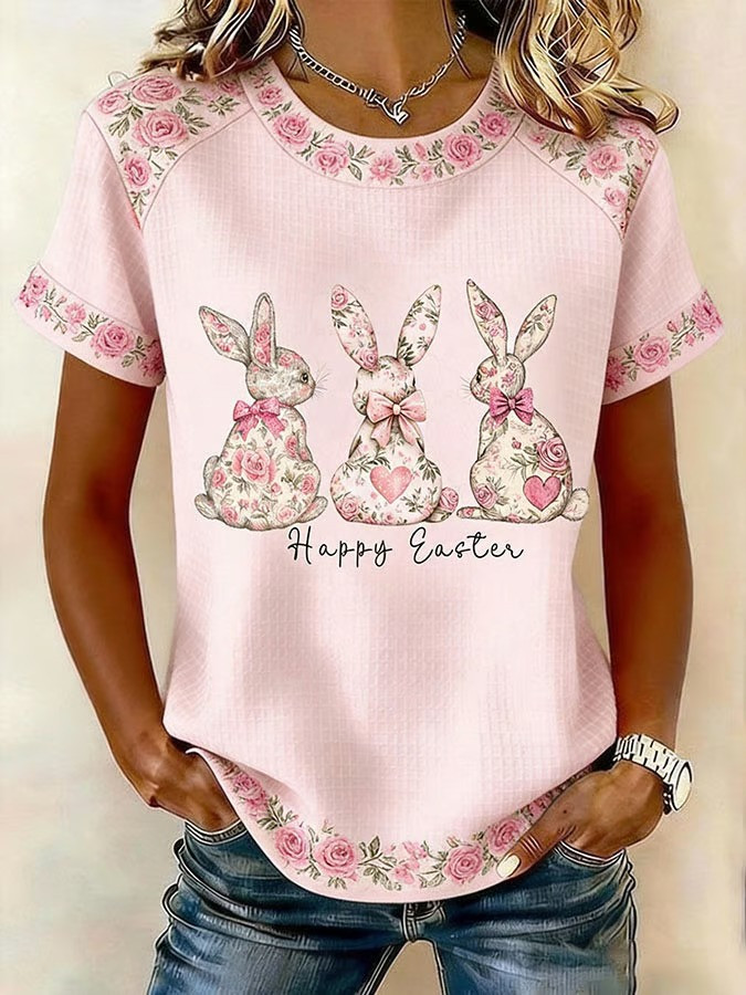 Happy Easter Three Floral Bunnies T-Shirt Cute Rose Bunny Bow Fan Tee Best Gift For Easter Fans