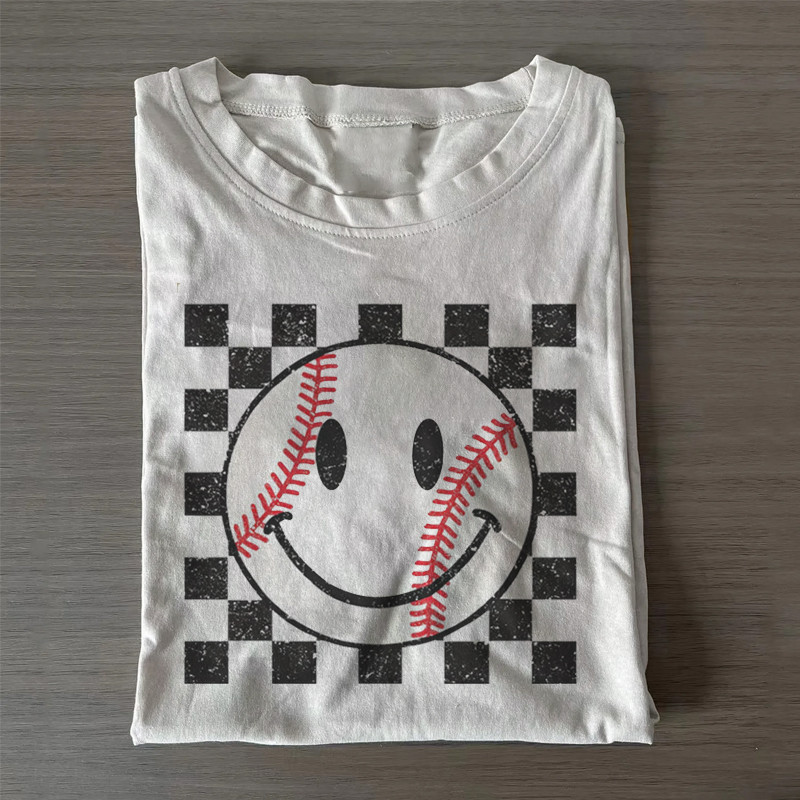 Happy Face Trendy Smiley Face T-Shirt Baseball Players Checkered Clothing Gift Ideas