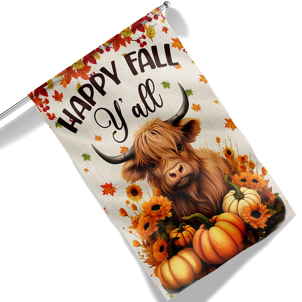 Happy Fall Y All Highland Cow Pumpkins Fall Flag