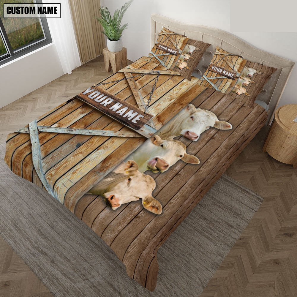 Happy Farm Charolais No Horn Wooden Door Bedding Set  Farm Bedding Set Anniversary Gifts