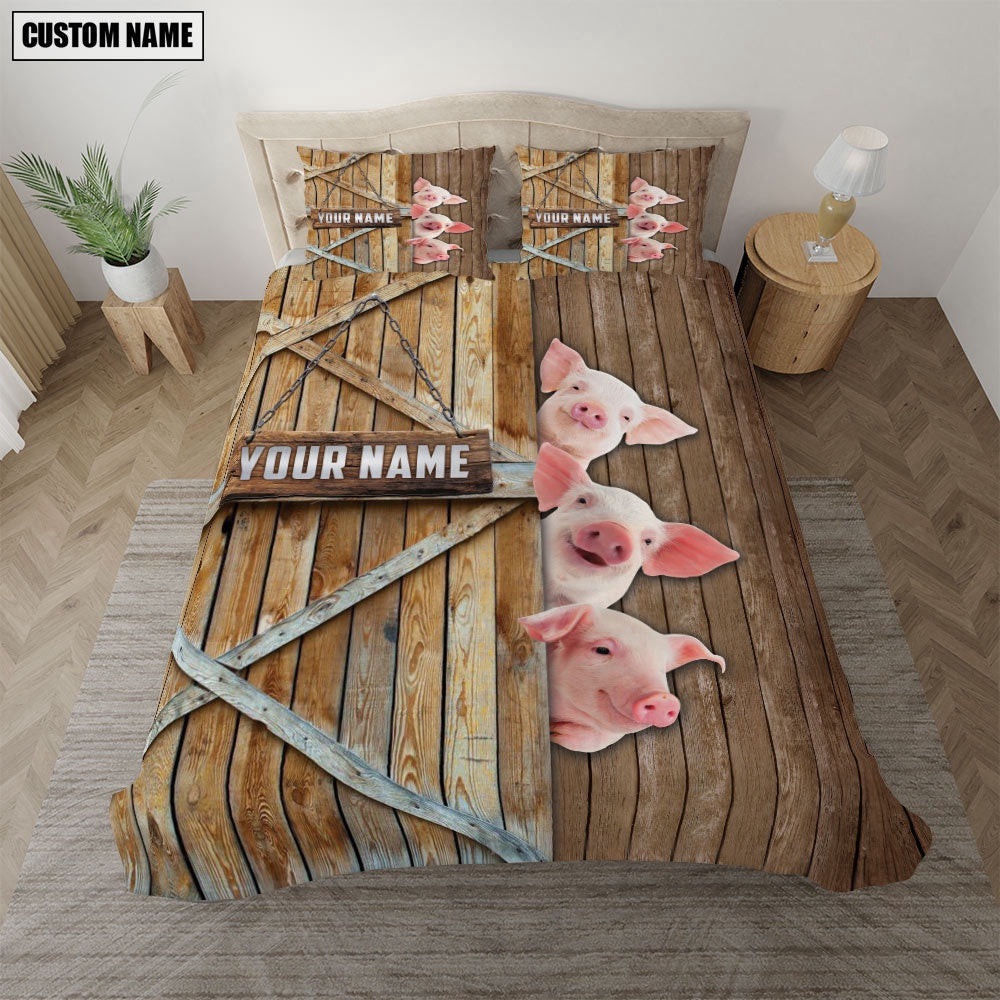 Happy Farm Pig Wooden Door Bedding Set  Farm Bedding Set Anniversary Gifts
