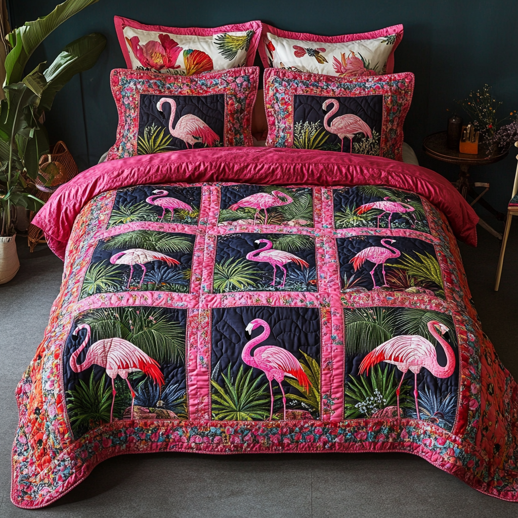 Happy Flamingo Quilted Bedding Set Cozy Bedroom Decor Flamingo Christmas Presents