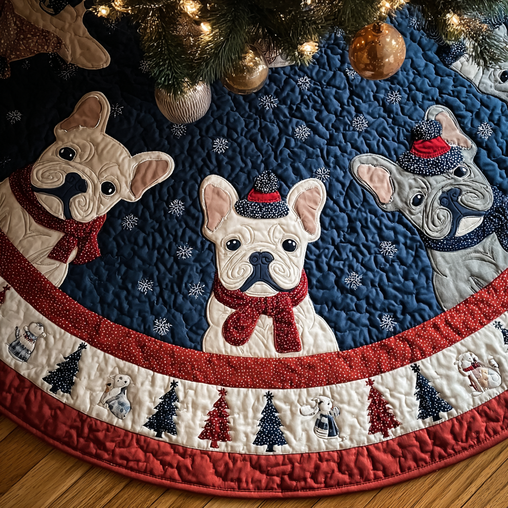 Happy French Bulldog Christmas Quilted Tree Skirt Holiday Decor Frenchie Christmas Presents