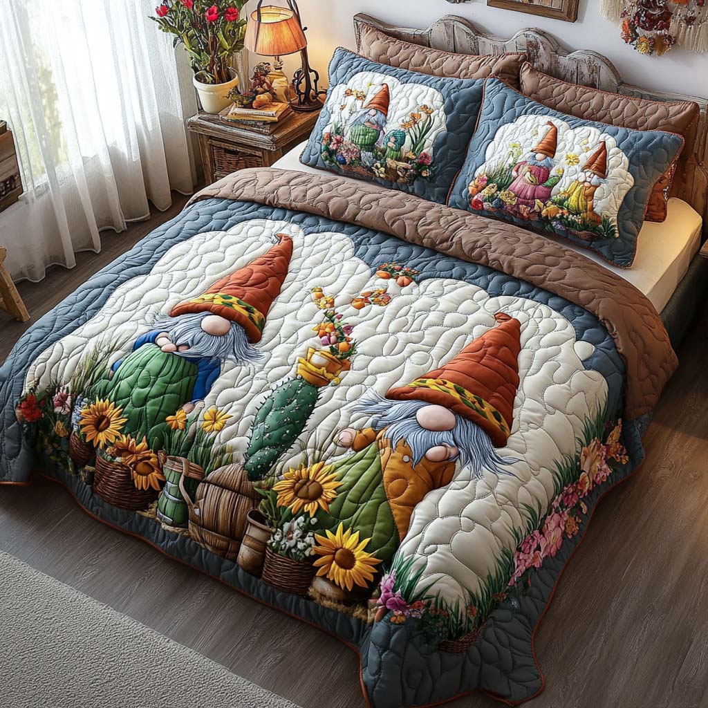 Happy Garden Gnome Quilted Bedding Set Bedroom Decorations Gifts For Gnome Lovers